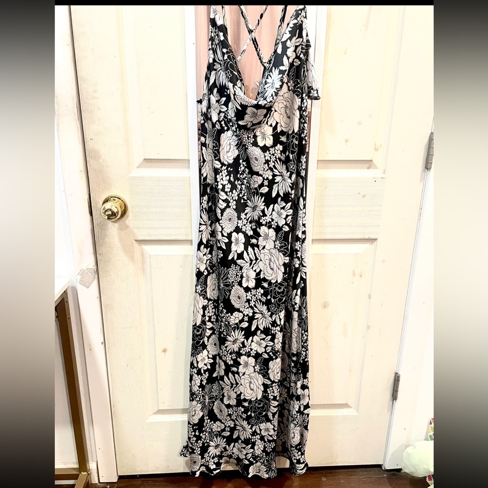 Timing Black and White Floral maxi satin Dress